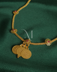 Lakshmi Coin Drop Necklace with Twin Chain & Red Motifs