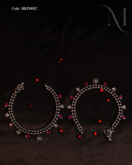 Antique Oxidized Silver Anklet Pair with Pink and White Stone Accents