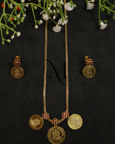 Temple-Inspired Triple Coin Necklace & Earrings in Antique Gold