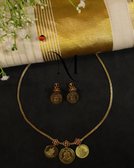 Temple-Inspired Triple Coin Necklace & Earrings in Antique Gold