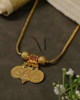 Classic Triple Lakshmi Coin Necklace with Antique Chain & Ruby Accents