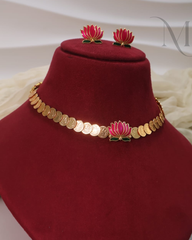 Pink & Green Lotus Kasu Necklace Set