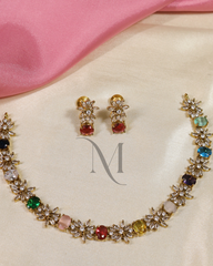 Gold-Finish Navaratna Necklace Set with CZ-Studded Floral Motifs