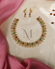 Festive Ghungroo Necklace Set with Red, Green & White Stone Accents