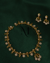Minimalist CZ Flower Necklace Set with Leafy Golden Touches
