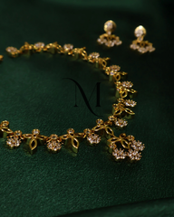 Minimalist CZ Flower Necklace Set with Leafy Golden Touches