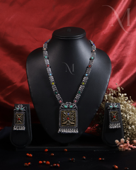 Antique Silver Finish Temple Necklace Set with Square Pendant