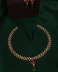 Double Row CZ Necklace with Ruby-Petal Motif and Emerald Drop