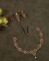 Ruby and Emerald Floral Vine Necklace Set with CZ and Pearl Accent