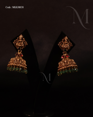 Antique Lakshmi Temple Jhumka Earrings with Green Bead Drops