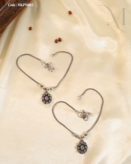 Handcrafted Oxidized Silver Anklet with Floral Stone Charm