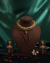 Antique Gold Leaf Choker Necklace with Ruby Kempu Drops
