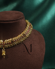 Antique Gold Leaf Choker Necklace with Ruby Kempu Drops