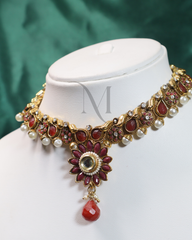 Lotus-Inspired Ruby Choker Set with Pearls and Teardrop Pendant