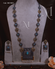 Antique Silver-Gold Necklace Set with Blue Stone Embellishments