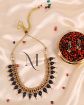 Antique Gold Choker Necklace Set with Royal Blue Teardrop Stones