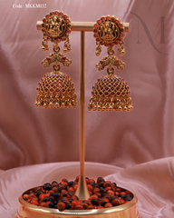 Antique Goddess Temple Jhumka Earrings with Ruby Red Accents