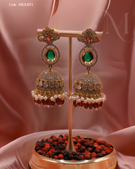 Elegant Kundan and Pearl Jhumka Earrings with Green and Ruby Accents