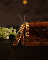 Vintage Charm – Gold Bangles with Floral and Gem Accents