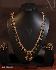 Traditional Gold Necklace Set with Red and Green Stone Drops
