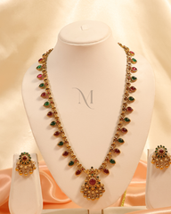 Traditional Gold Necklace Set with Red and Green Stone Drops