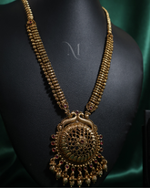 Antique Gold-Tone Temple Necklace Set with Ruby Accents