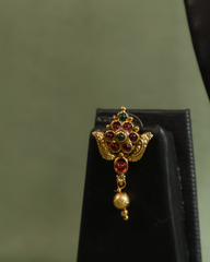 Antique Gold Bead Mala with Ruby-Studded Pendant and Matching Earrings
