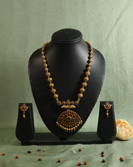 Antique Gold Bead Mala with Ruby-Studded Pendant and Matching Earrings