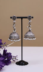 Silver meet pearls oxidised Jhumka