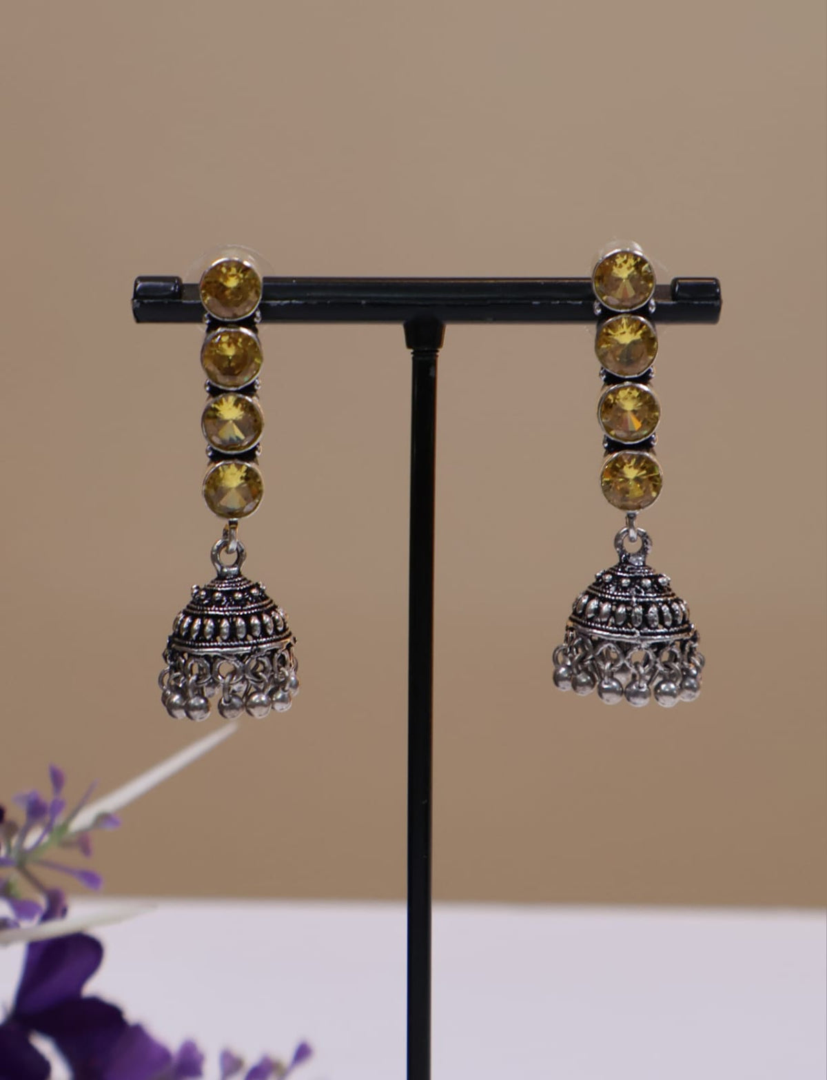 Oxidised Stone Jhumka earring - beige