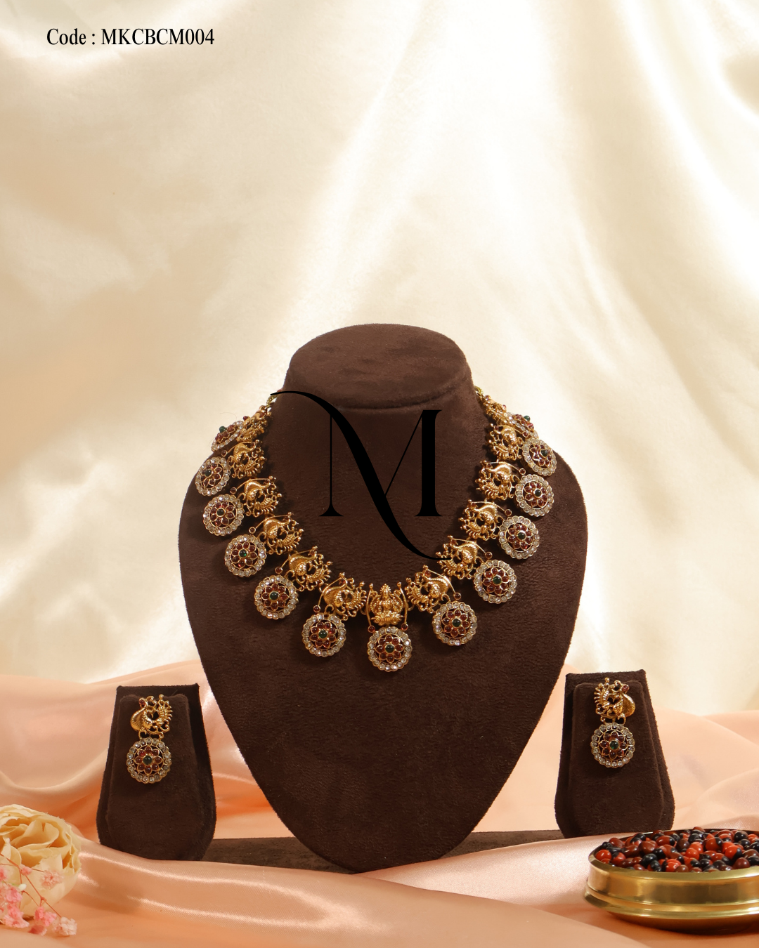 Red and Green Stone Choker Set with Lakshmi Round Drops