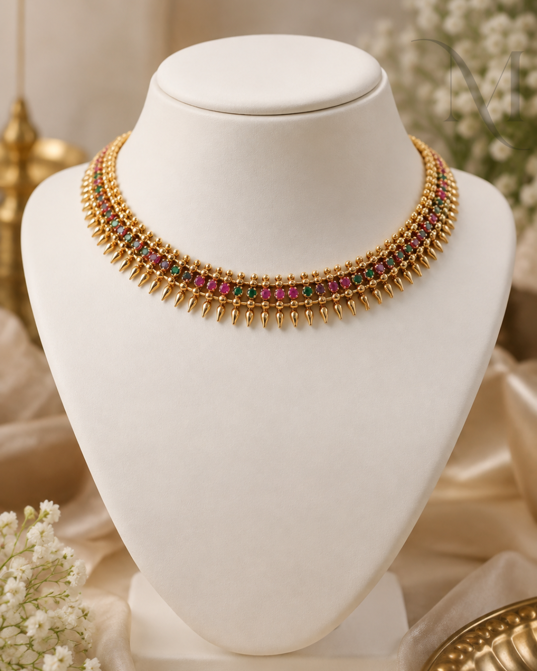 Green & Ruby Stone Mullamottu Necklace