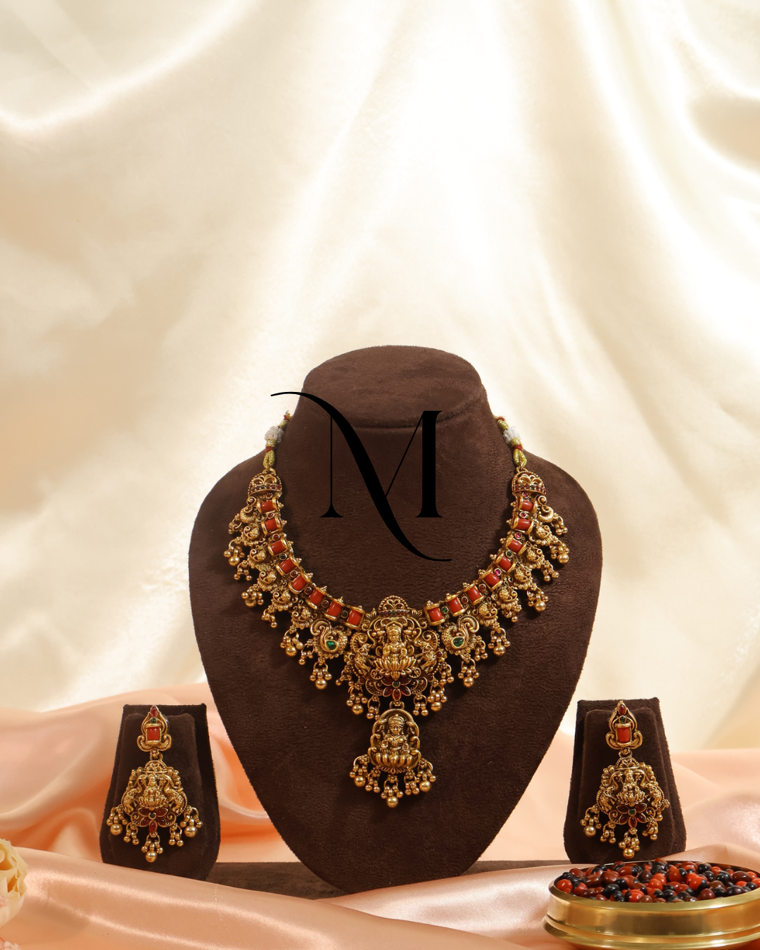 Lakshmi Devi Antique Choker Set with Ruby-Red Rectangles