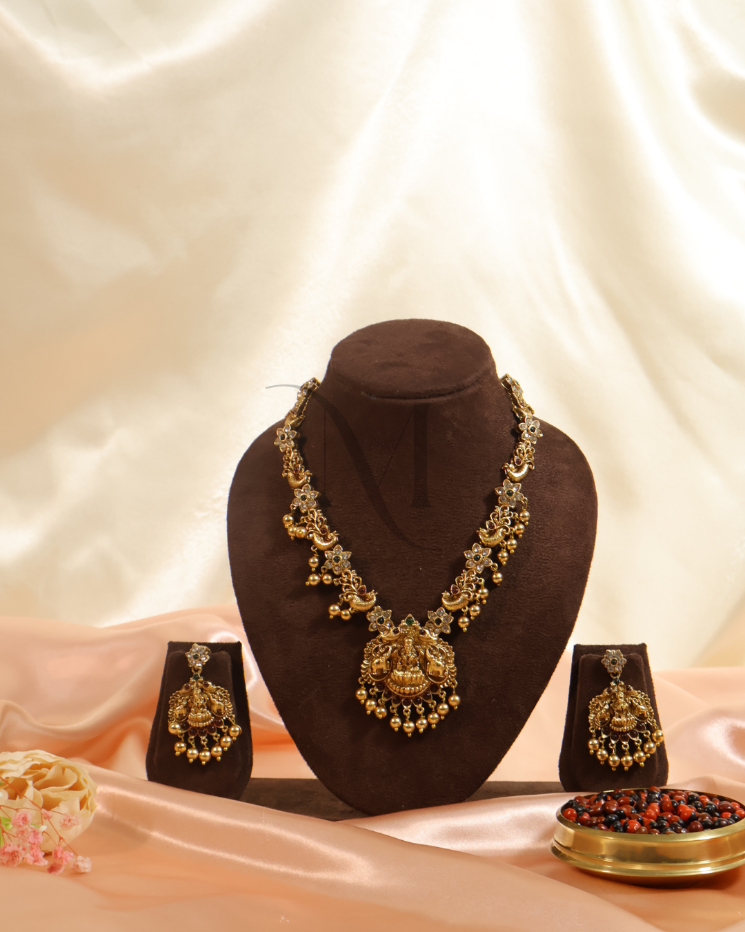 Temple Necklace Set with Lakshmi & Elephant Motifs in Antique Gold