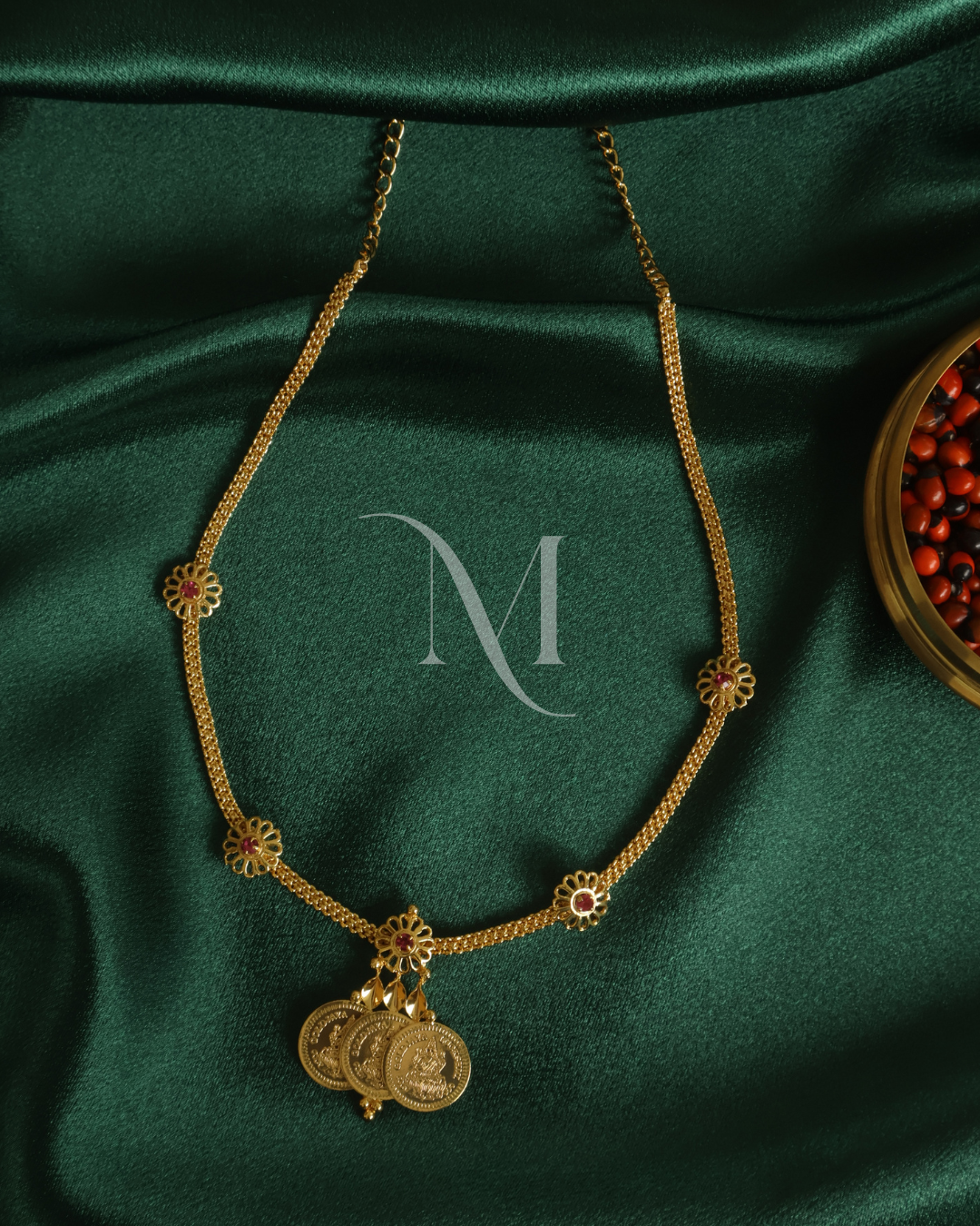 Lakshmi Coin Drop Necklace with Twin Chain & Red Motifs