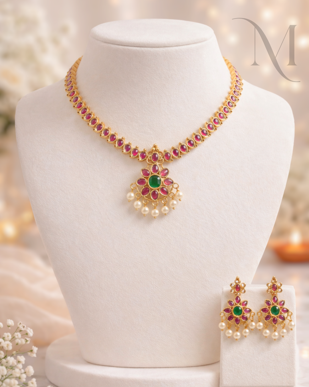 “Manohari “Kemp Attigai Necklace – Premium Quality