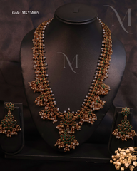 Grand Antique Temple Necklace Set with Green Accents and Pearl Drops