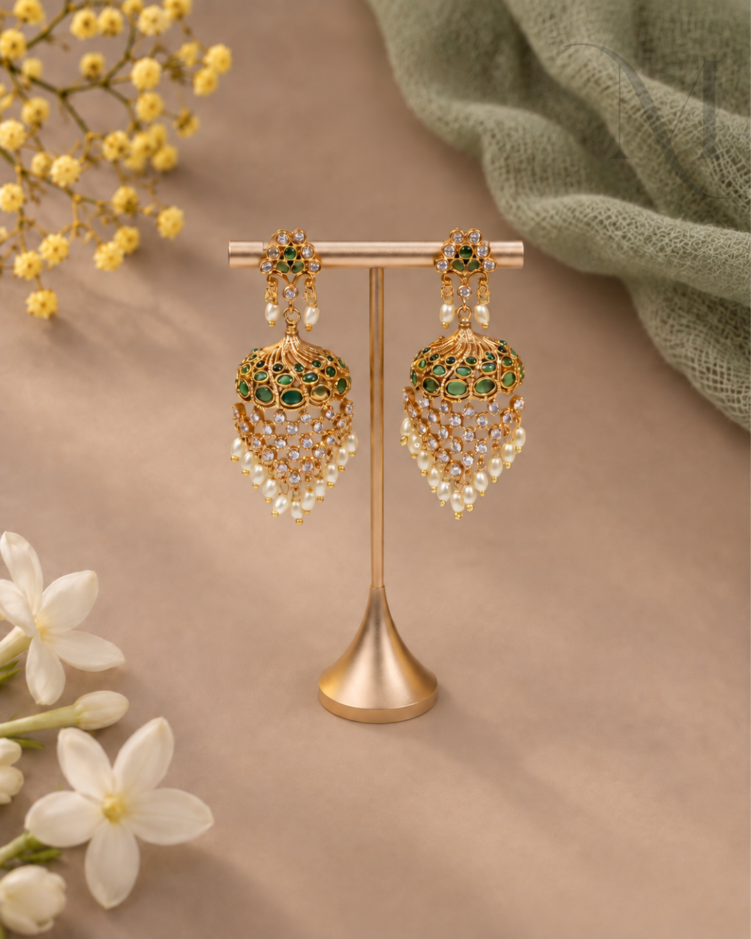 Meher Green Kundan Pearl Jhumka