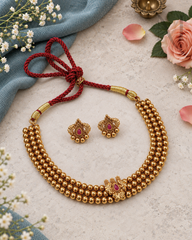 Non-Idol Maharashtrian Thushi Necklace Set- Red