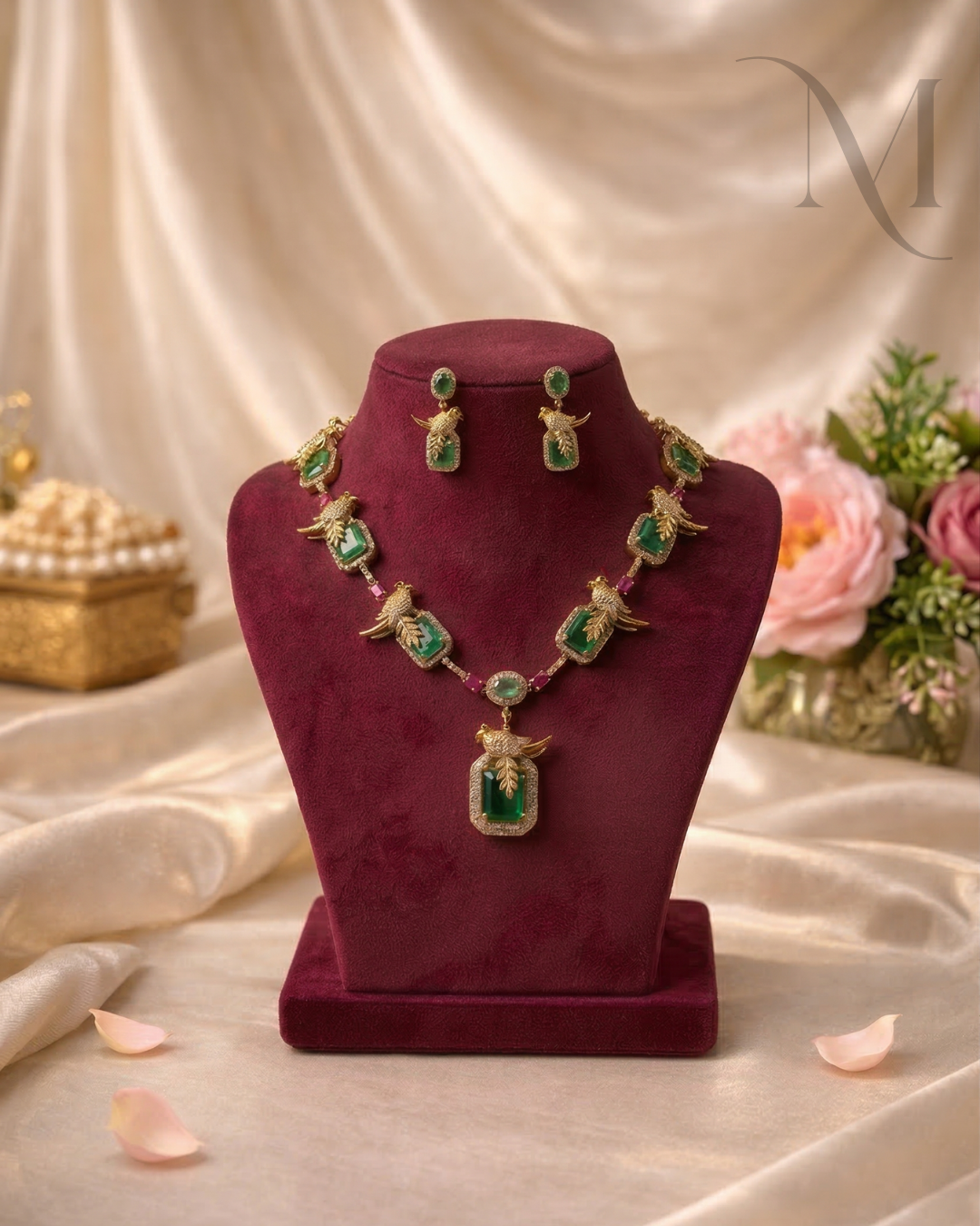 Mayura Emerald/Rose Kundan Necklace