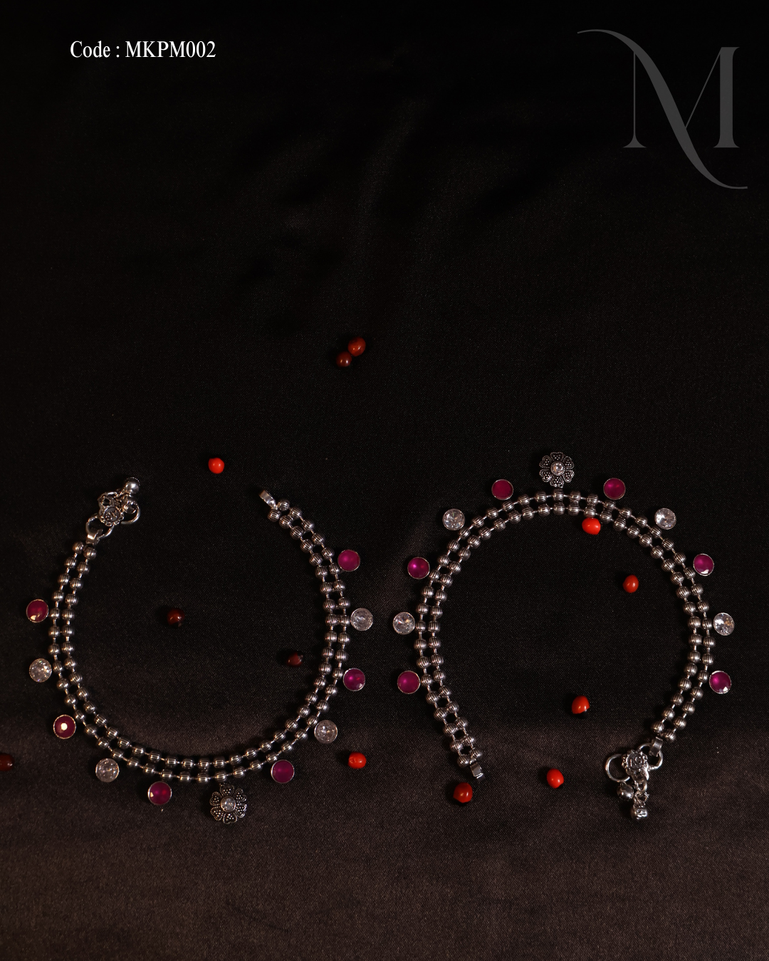 Antique Oxidized Silver Anklet Pair with Pink and White Stone Accents
