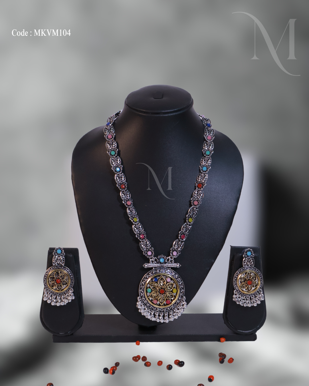 Oxidised Silver Temple Necklace Set with Multicolor Stones