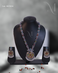 Oxidised Silver Temple Necklace Set with Multicolor Stones