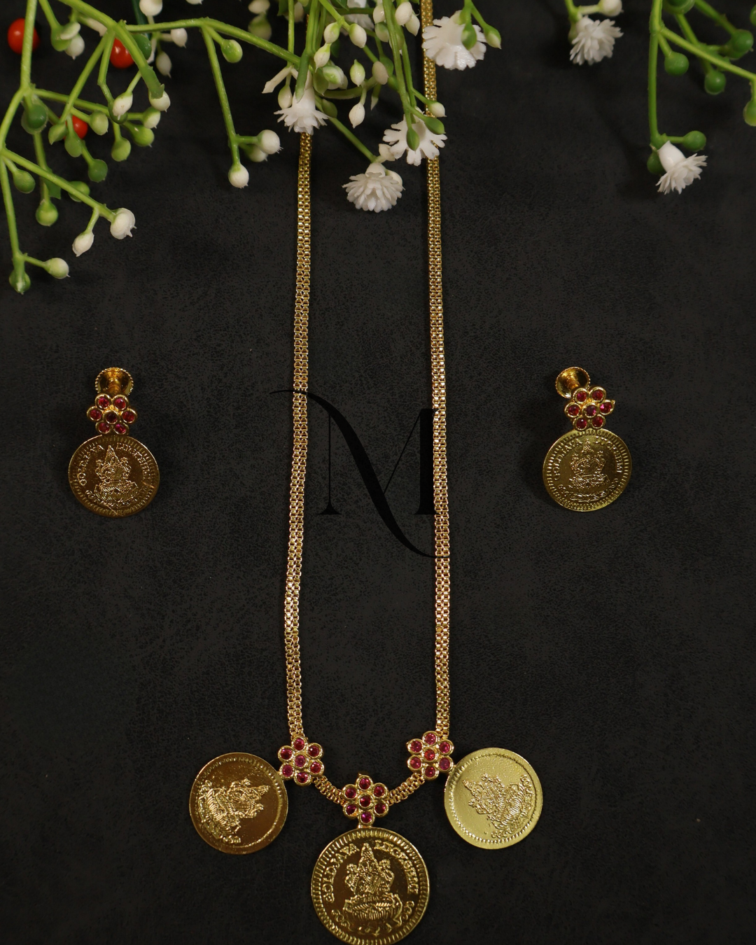 Temple-Inspired Triple Coin Necklace & Earrings in Antique Gold