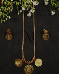 Temple-Inspired Triple Coin Necklace & Earrings in Antique Gold