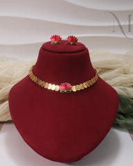 Pink & Green Lotus Kasu Necklace Set