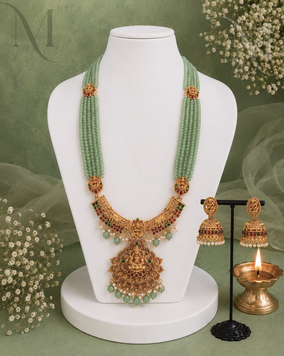 Premium Lakshmi Pendant Necklace – Green Beads