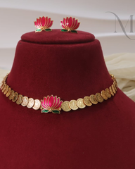 Pink & Green Lotus Kasu Necklace Set