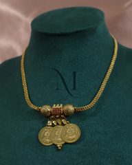 Classic Triple Lakshmi Coin Necklace with Antique Chain & Ruby Accents