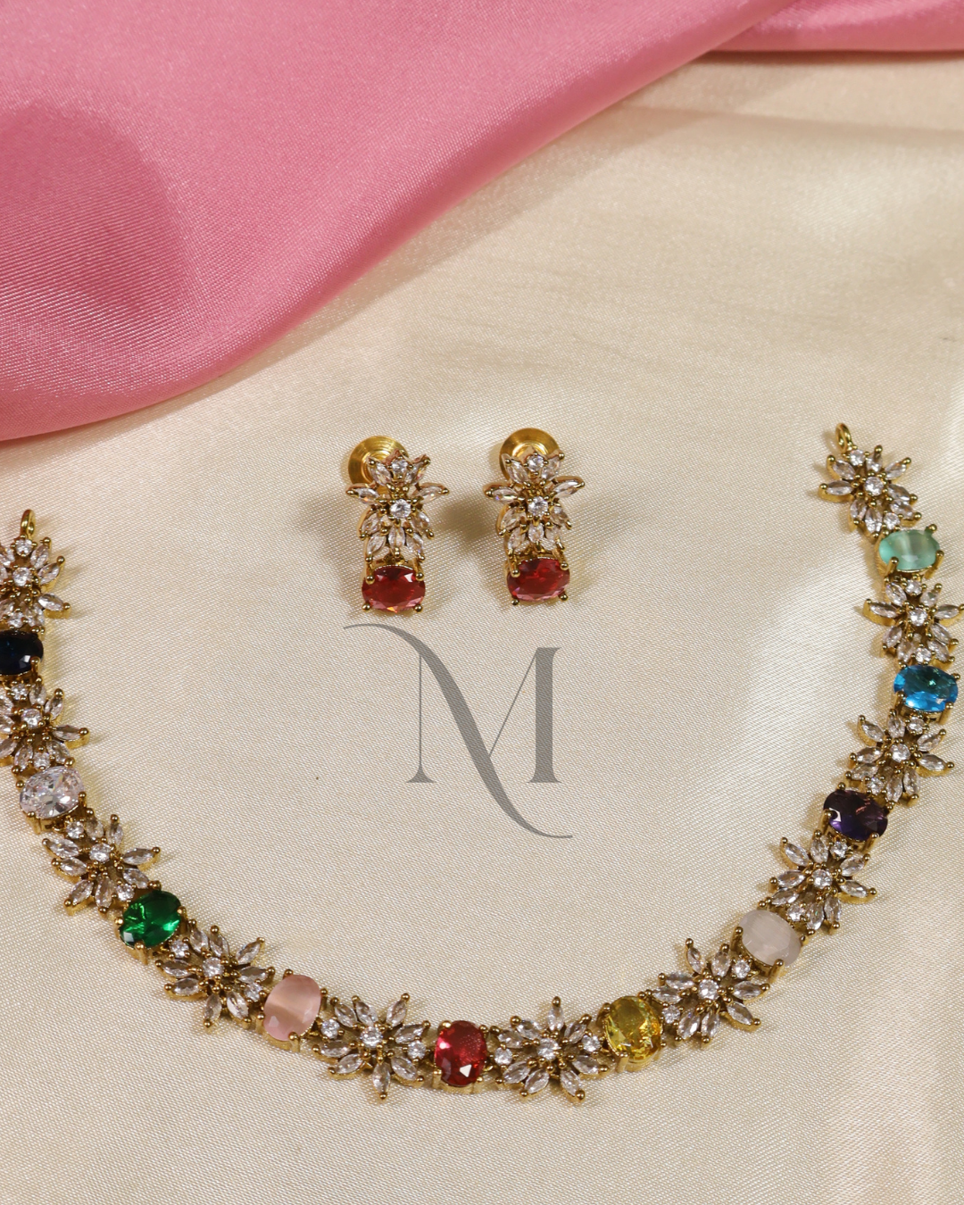 Gold-Finish Navaratna Necklace Set with CZ-Studded Floral Motifs